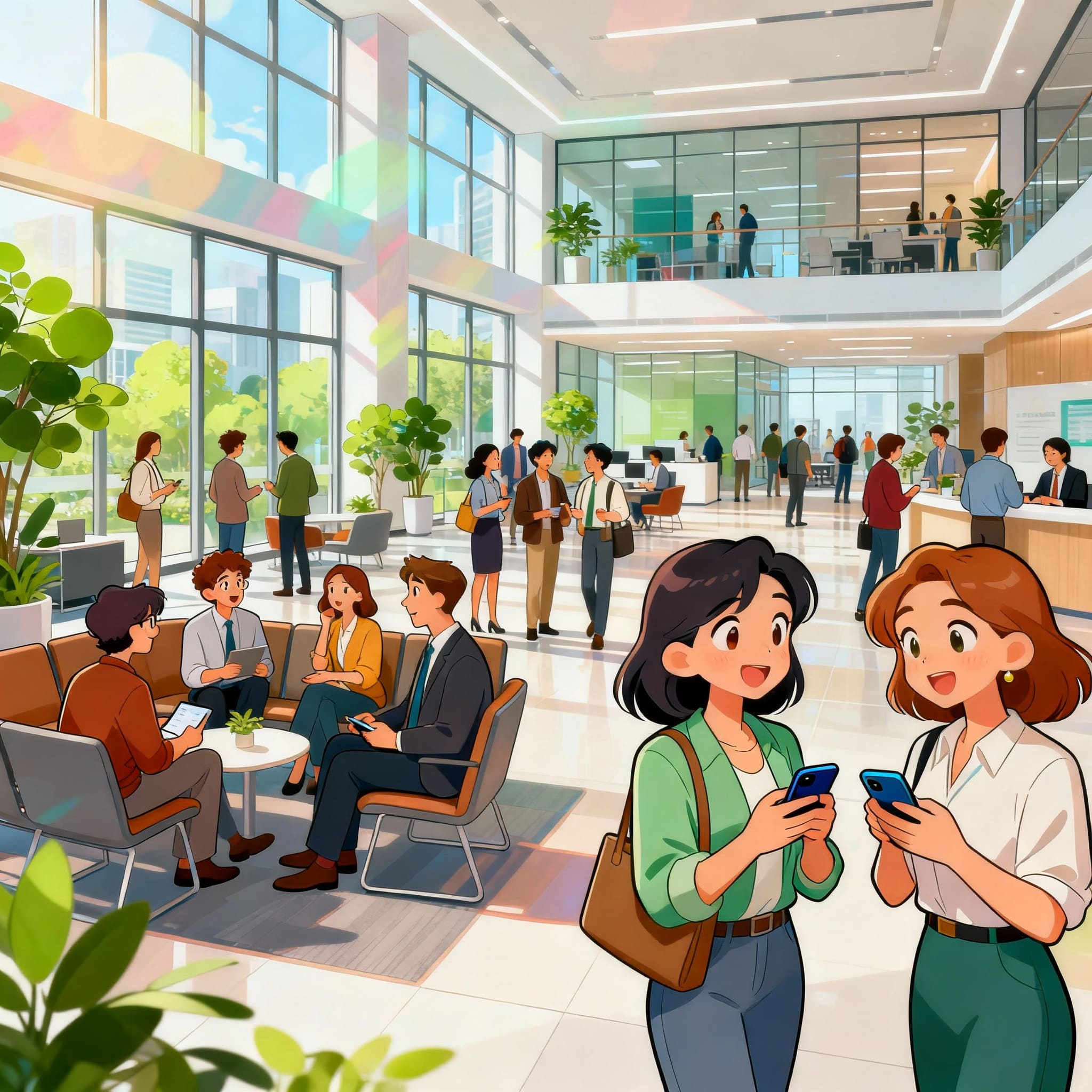 Immerse yourself in the vibrant energy of a bustling hiring event captured in this lively cartoon illustration. The modern office campus buzzes with diverse job seekers, each radiating optimism and ambition. Whether they’re engaged in deep conversations, exploring opportunities on their devices, or eagerly waiting their turn, it’s a powerful reminder of the limitless possibilities ahead.