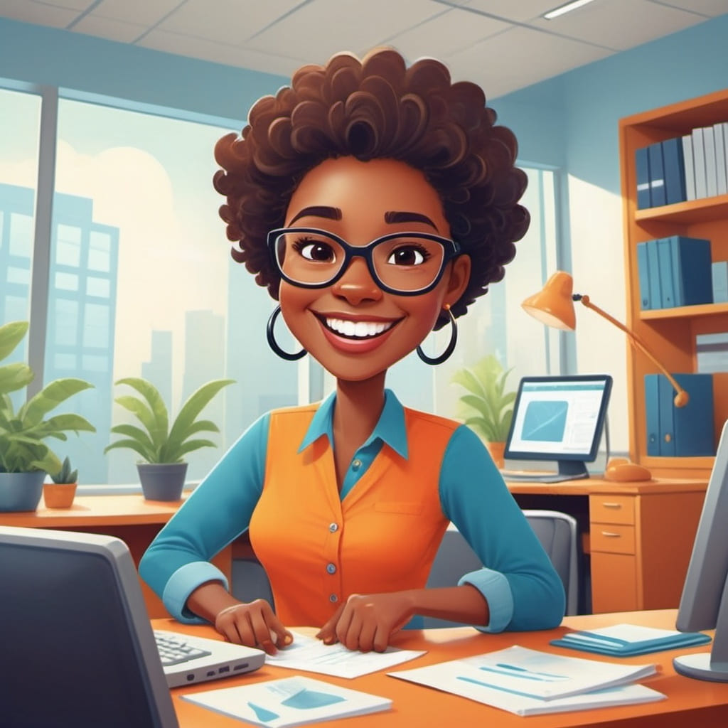 A captivating cartoon presents a modern office, and a happy character exudes positivity and ambition. The vibrant colors and lively atmosphere aim to motivate and inspire, emphasizing joy and balance at work.