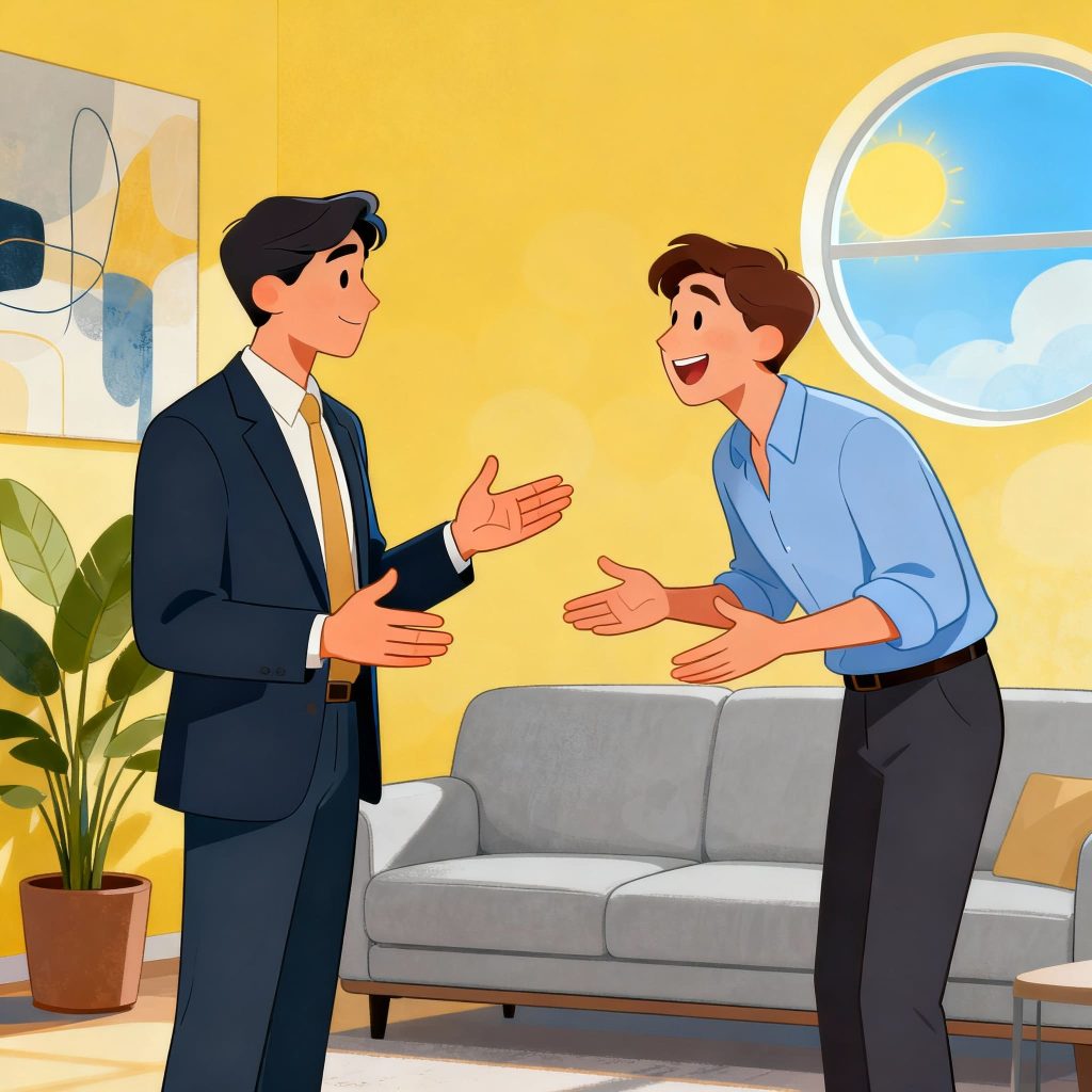 This joyful cartoon illustration captures a bright, inviting space where business executives discuss team upliftment and explore partnership options, all in a relaxed atmosphere devoid of sales pressure. The vibrant colors and friendly expressions foster an atmosphere of collaboration, encouraging genuine dialogue about partnership opportunities and professional counseling tailored to corporate needs.