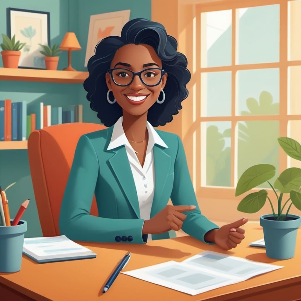The image is a cartoon of a career counselor smiling. This inviting illustration emphasizes a pressure-free atmosphere, where you can explore courses, seek coaching, and engage in meaningful conversations without any sales tactics. Let this be the start of your professional journey, filled with discovery and encouragement!