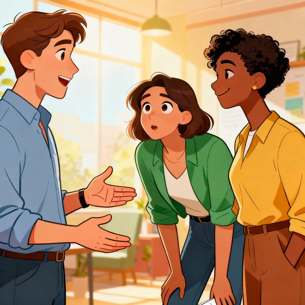 A lively and joyful cartoon image designed for a career inquiry section, showcasing characters engaged in a conversation with CareerCanny trainer about their professional paths. The scene radiates a friendly vibe, inviting viewers to discover course choices, receive guidance, or ask questions. The focus is on a relaxed, supportive atmosphere encouraging open, personalized discussions without any sales pressure. The illustration features anatomically accurate limbs and hands, with no text or paperwork included.