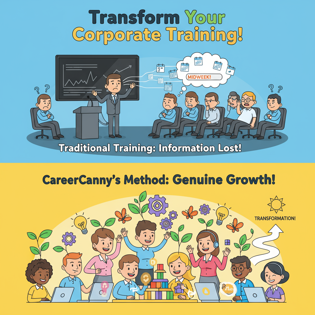 Dive into a colorful cartoon illustration that boldly reveals the flaws in typical corporate career training. Many employees leave forgettable sessions with little to no actual skill development. CareerCanny challenges this norm with dynamic, engaging training that sticks.