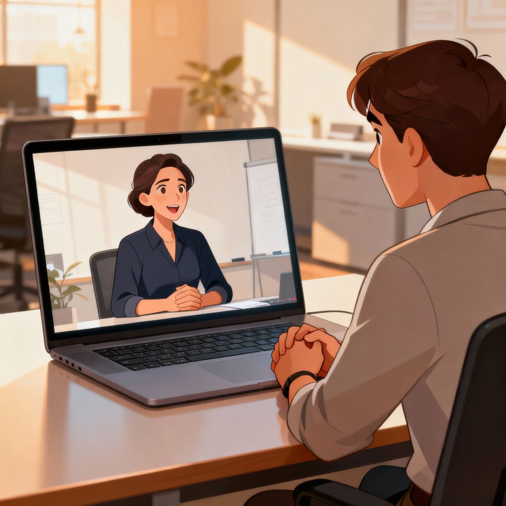 This animated illustration captures a warm, retro-inspired office scene, where a character is deeply engaged in a one-on-one online conversation. Surrounded by inviting colors, the attentive listener embodies compassion and professionalism while working on their laptop. Discover how these elements blend to create an inspiring workspace and an experience at CareerCanny.