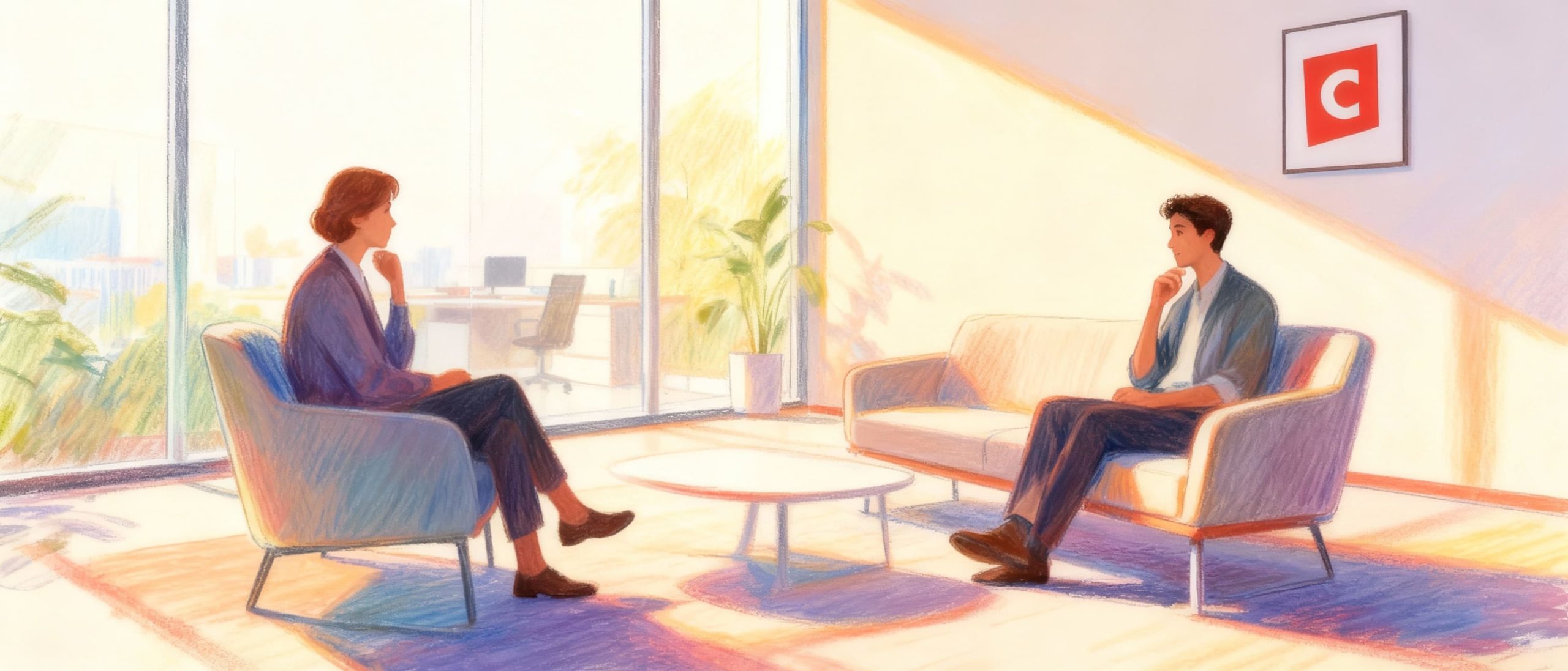 This vibrant cartoon captures a modern office lounge, where two figures engage in a deep, meaningful conversation on a stylish L-shaped sofa. The attentive listener displays understanding and compassion, while the questioner seeks clarity, all set against warm colors and soft lighting. Explore the importance of conversation in the workplace and see how such spaces can foster connection.