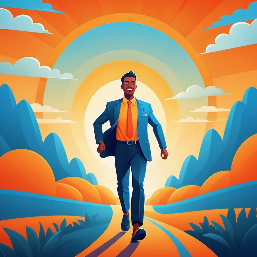 This stunning illustration depicts a courageous individual embarking on a journey illuminated by the dawn of possibilities. With every step taken beneath the glowing sky, let your aspirations take flight and remind yourself that your future is as colorful as your dreams. Discover how you can leverage CareerCanny's services to navigate your own path to success.