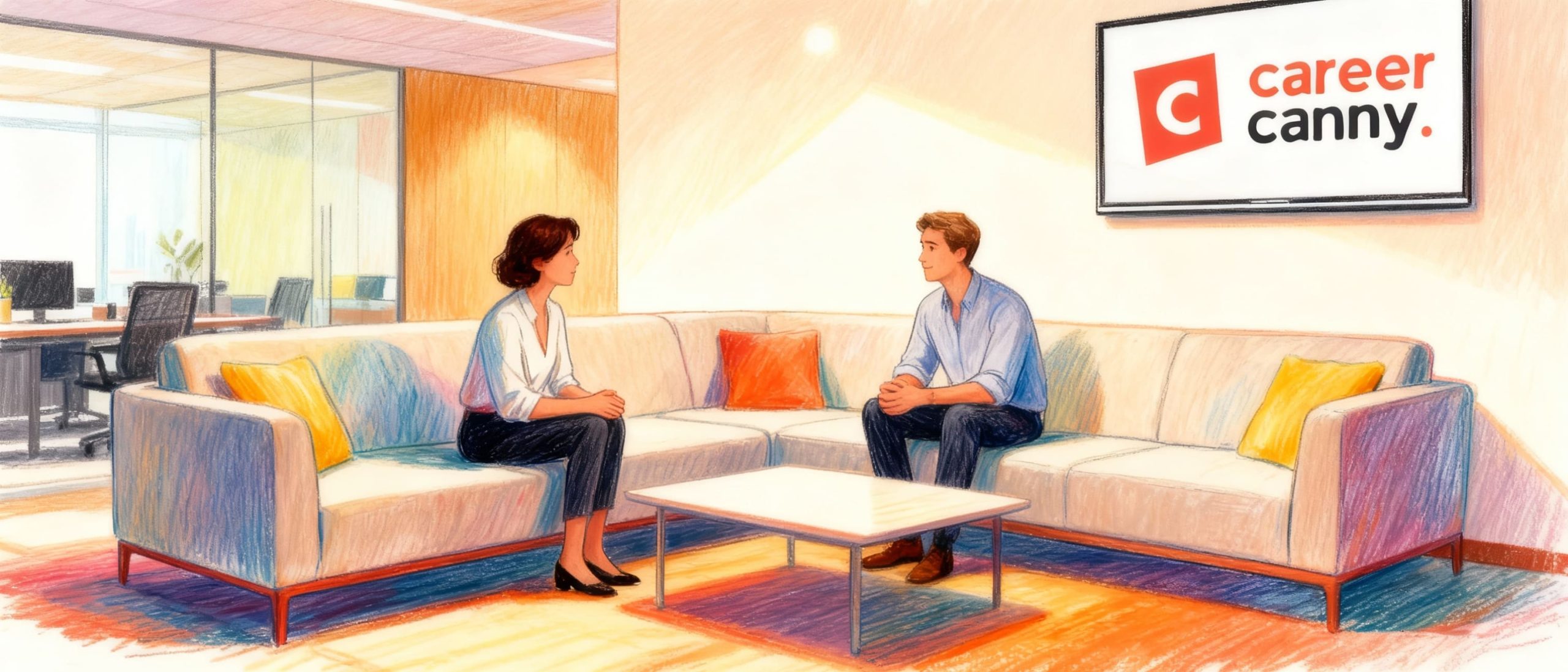 In this delightful sketch illustration, a serene office lounge is brought to life with two characters seated on a contemporary L-shaped sofa, embodying a respectful dialogue. The warm tones and gentle lighting enhance the sense of comfort and trust between them, as one figure listens intently while the other poses thoughtful inquiries. Discover how fostering these moments at CareerCanny can transform your workspace environment.